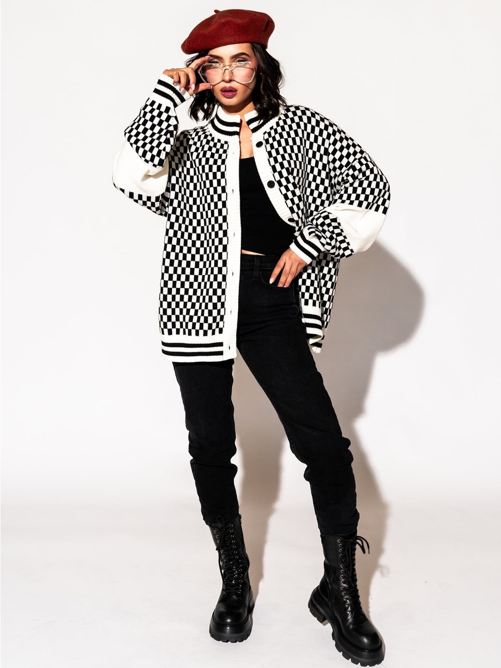 Dressed in LALA Get What I Want Grandpa Checkered Cardigan in Black + White - Picture 2 of 8